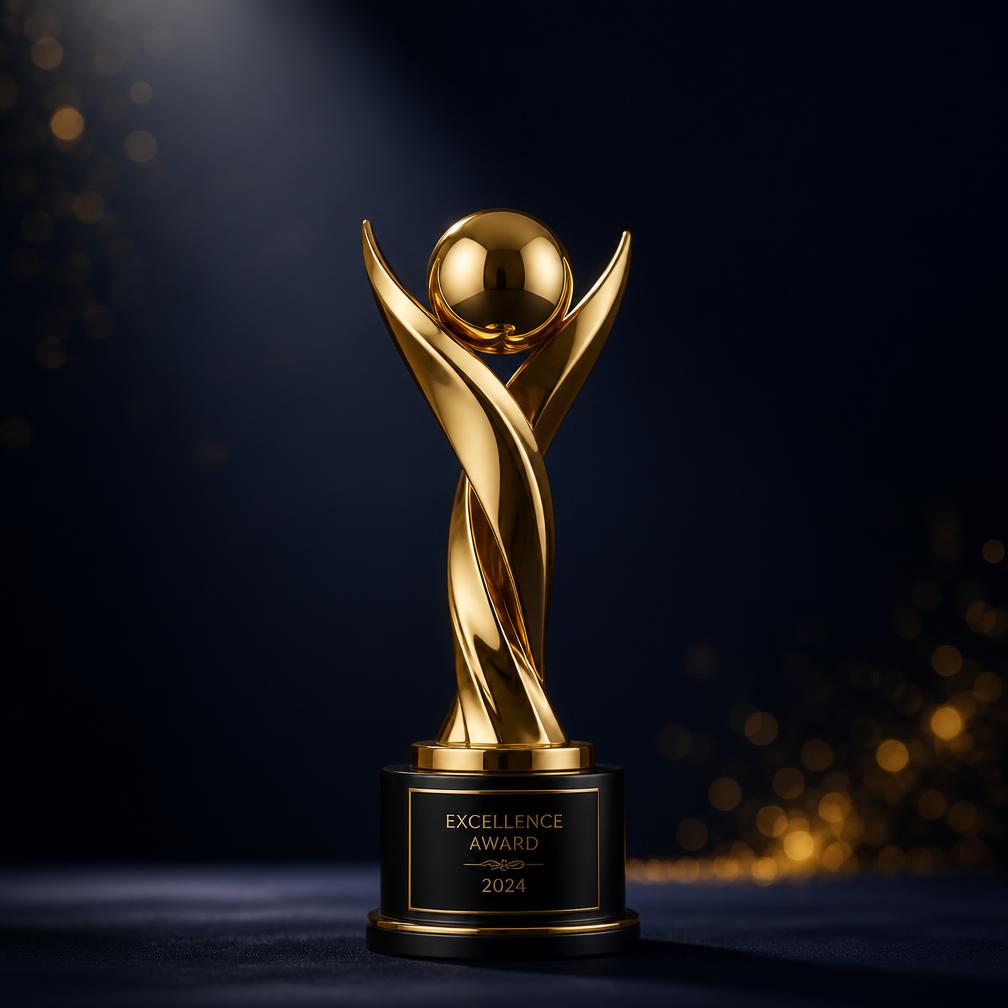 Gold excellence award trophy on a dark navy background